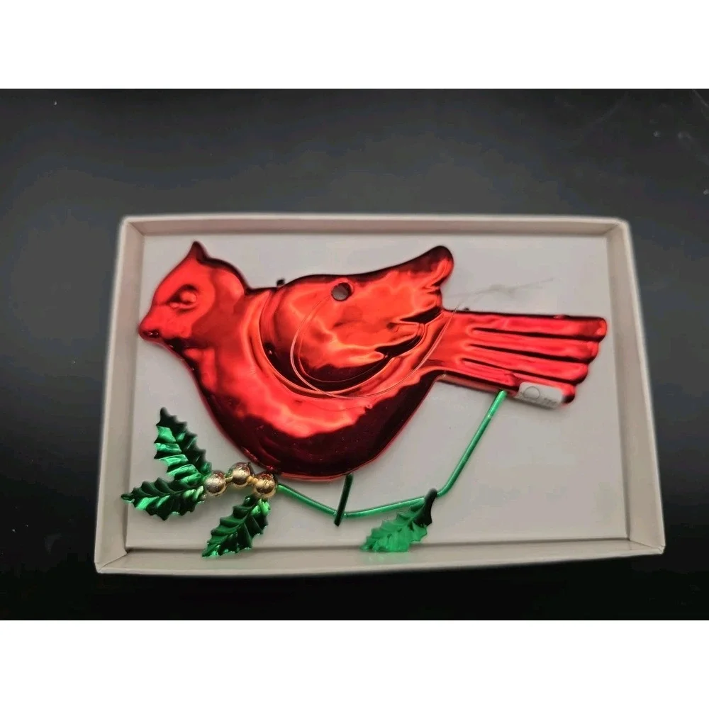 Vtg Dept 56 Red Cardinals Ornament Xmas Mercury Glass WIre Tin Holly Leave Bird